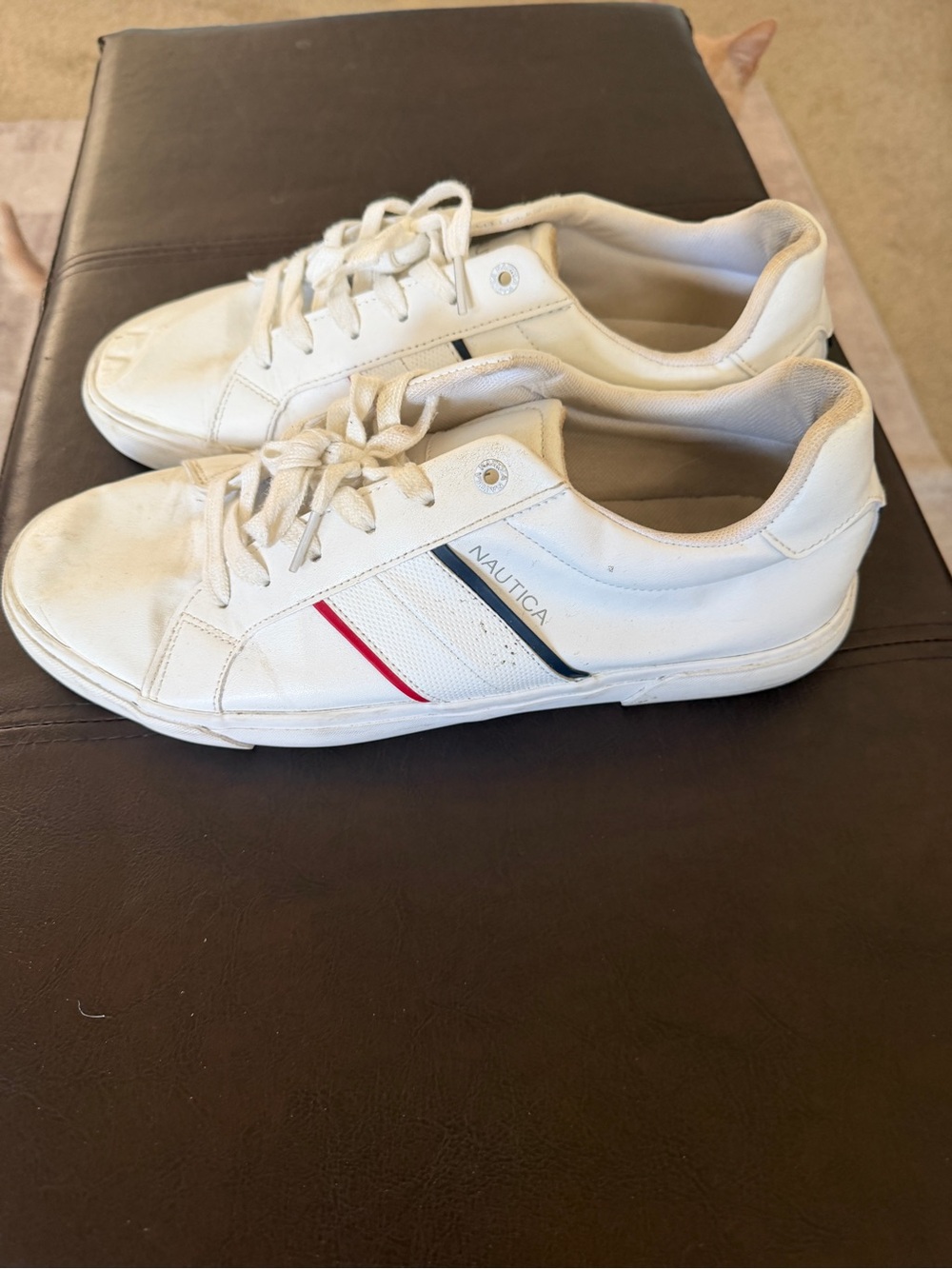 Nautica Men’s White Low-Top Sneakers with Red & Navy Stripes